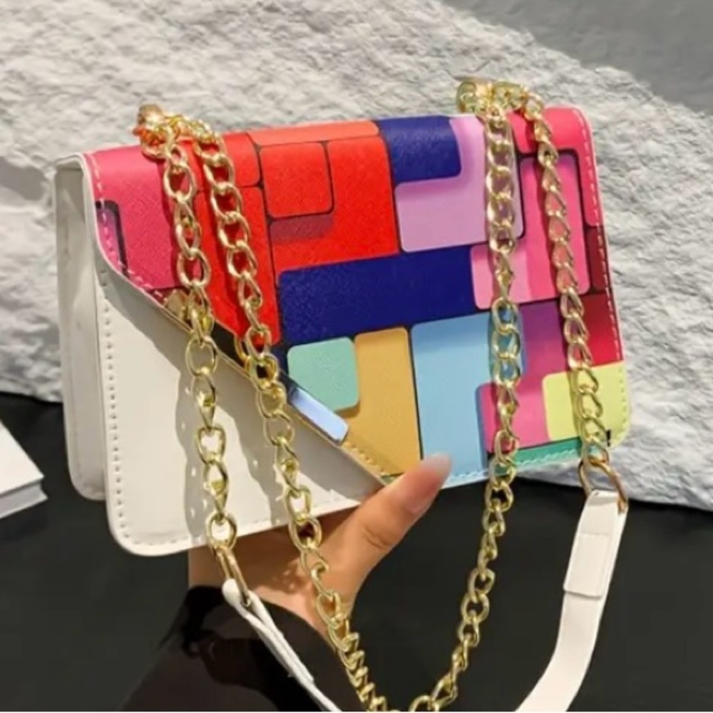 Vegan Leather ColorBlock Magnetic Closure Asymmetrical Hardbody Shoulder Bag NEW